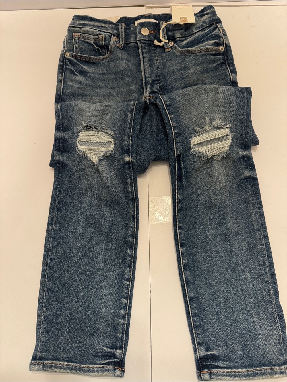 Good American Dark Blue Skinny Jeans with Knee Rips